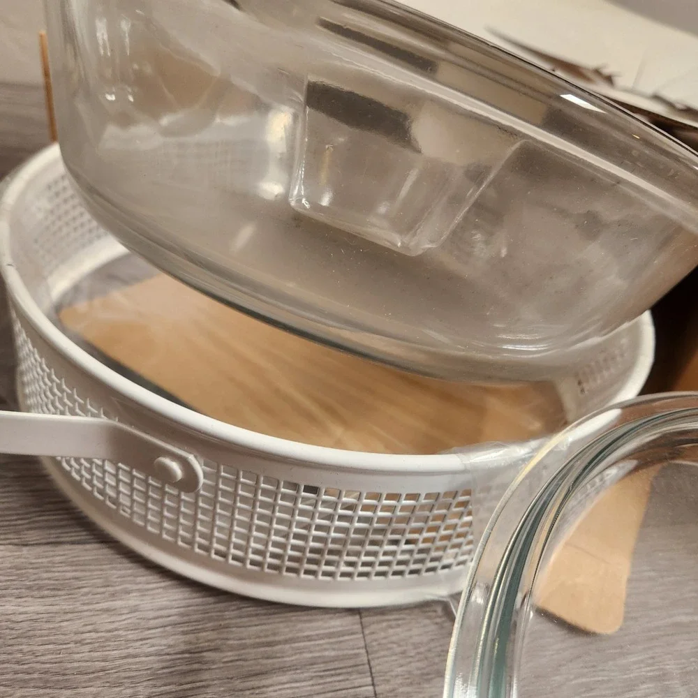Vintage Tech by Beucler 2 Qt Casserole Server Glass with Lid White Vinyl Handles